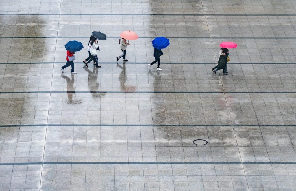 rain, nature, people, umbrellas, wet, weather, thunderstorm