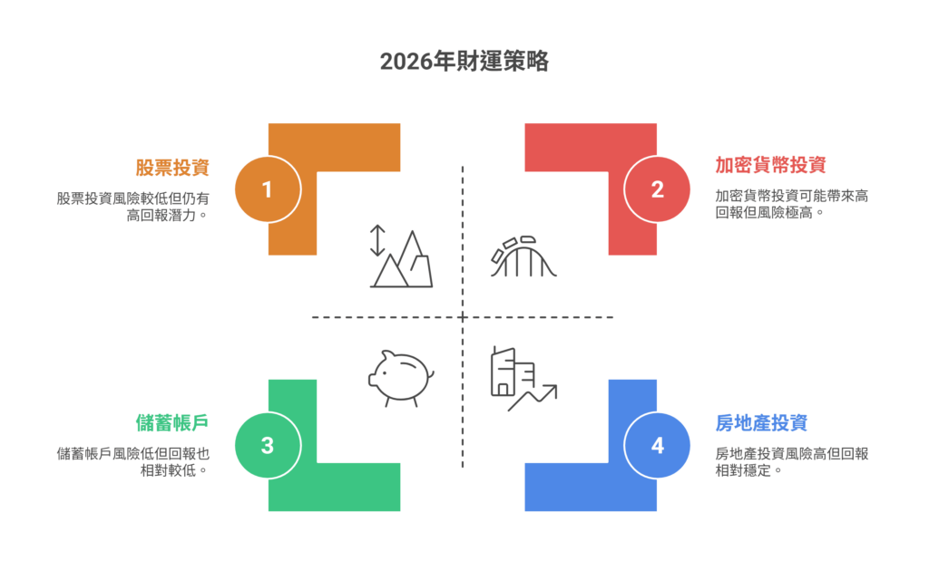 一張關於「2026年財運策略」的四象限圖,展示了四種投資選項:股票投資、加密貨幣投資、儲蓄帳戶和房地產投資。