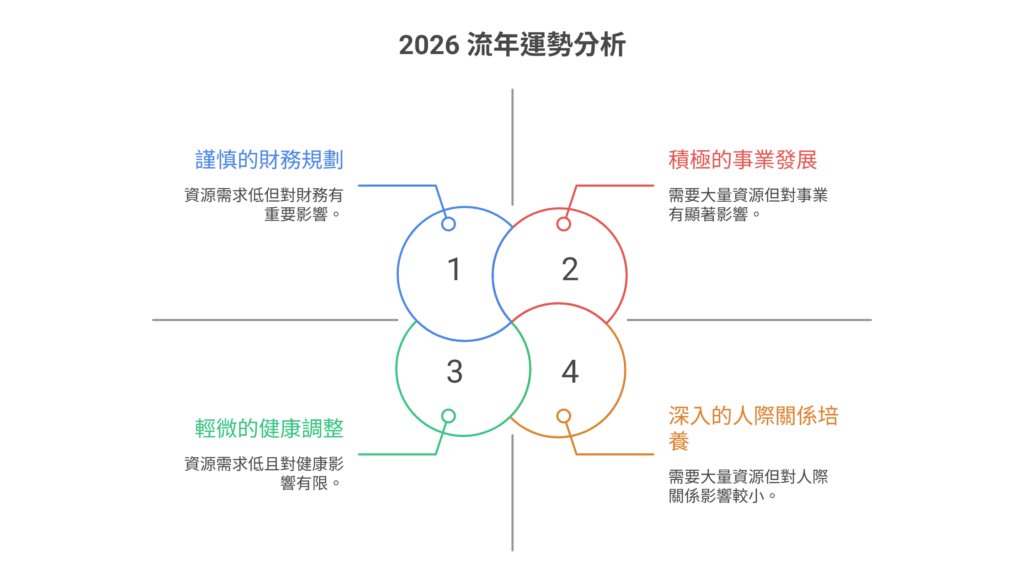 一張標題為「2026 流年運勢分析」的四象限圖,分別說明謹慎的財務規劃、積極的事業發展、輕微的健康調整,以及深入的人際關係培養。
