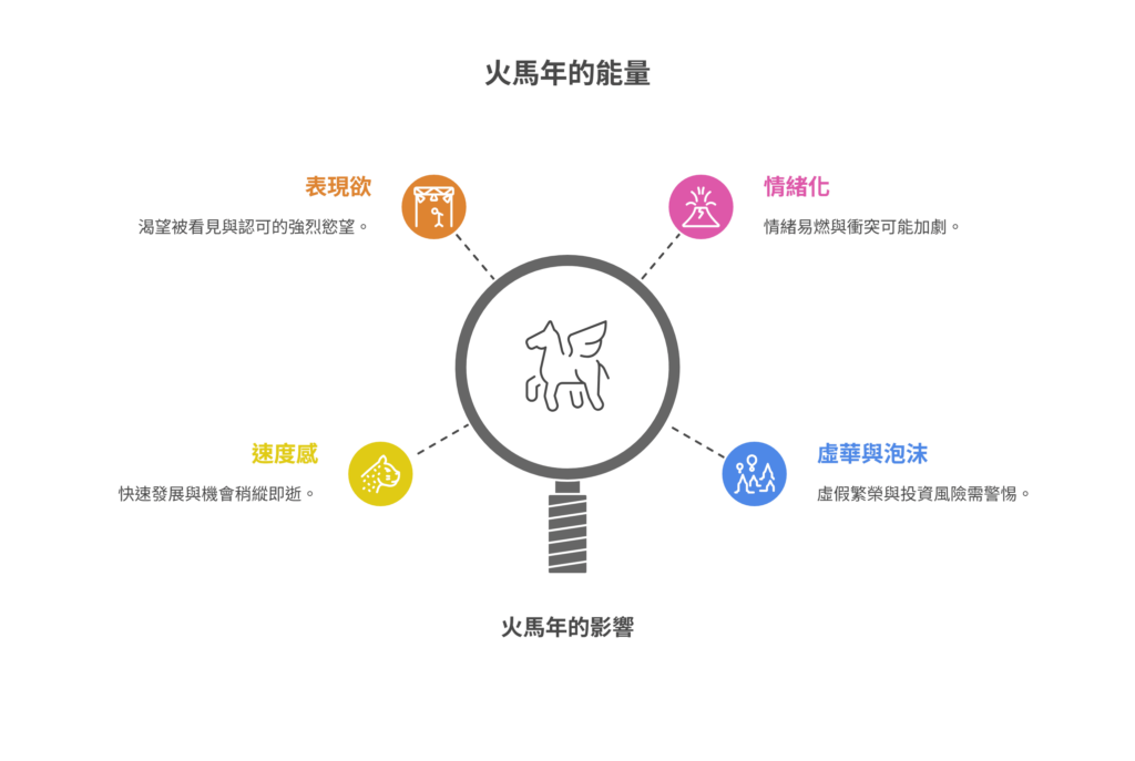關於火馬年能量與影響的資訊圖表,中心為一個飛馬圖案的放大鏡,周圍列出四個特點:表現欲、情緒化、速度感、以及虛華與泡沫。